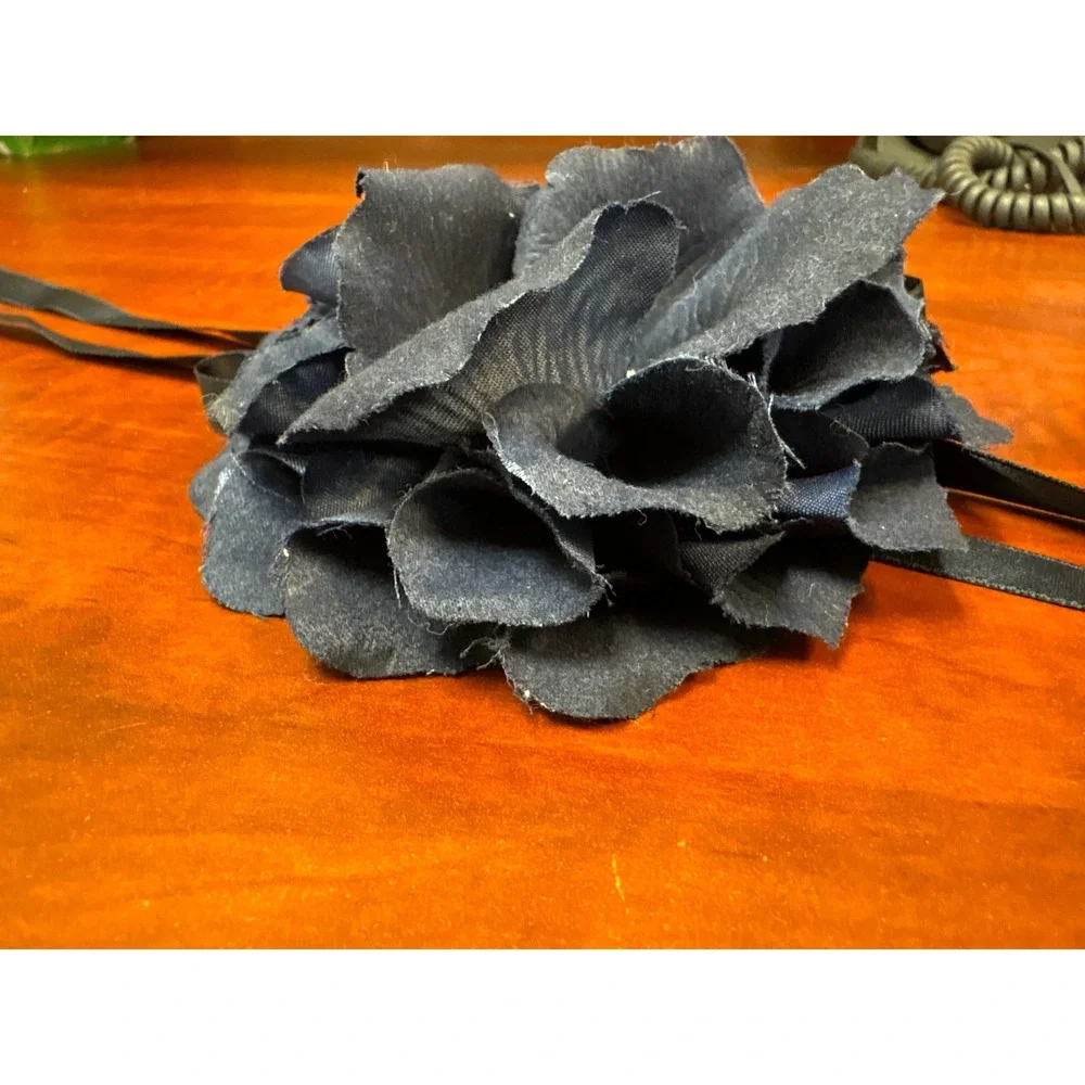 Vtg J.Crew‎ Navy Blue Fabric Flower Ribbon Belt Rhinestone Center Sash Accessory
